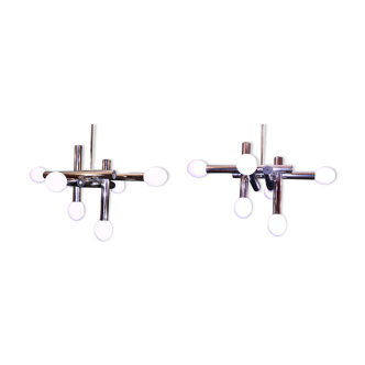 Sciolari, pair of 1970 chrome chandeliers, Space Age, 12 original white opalines
