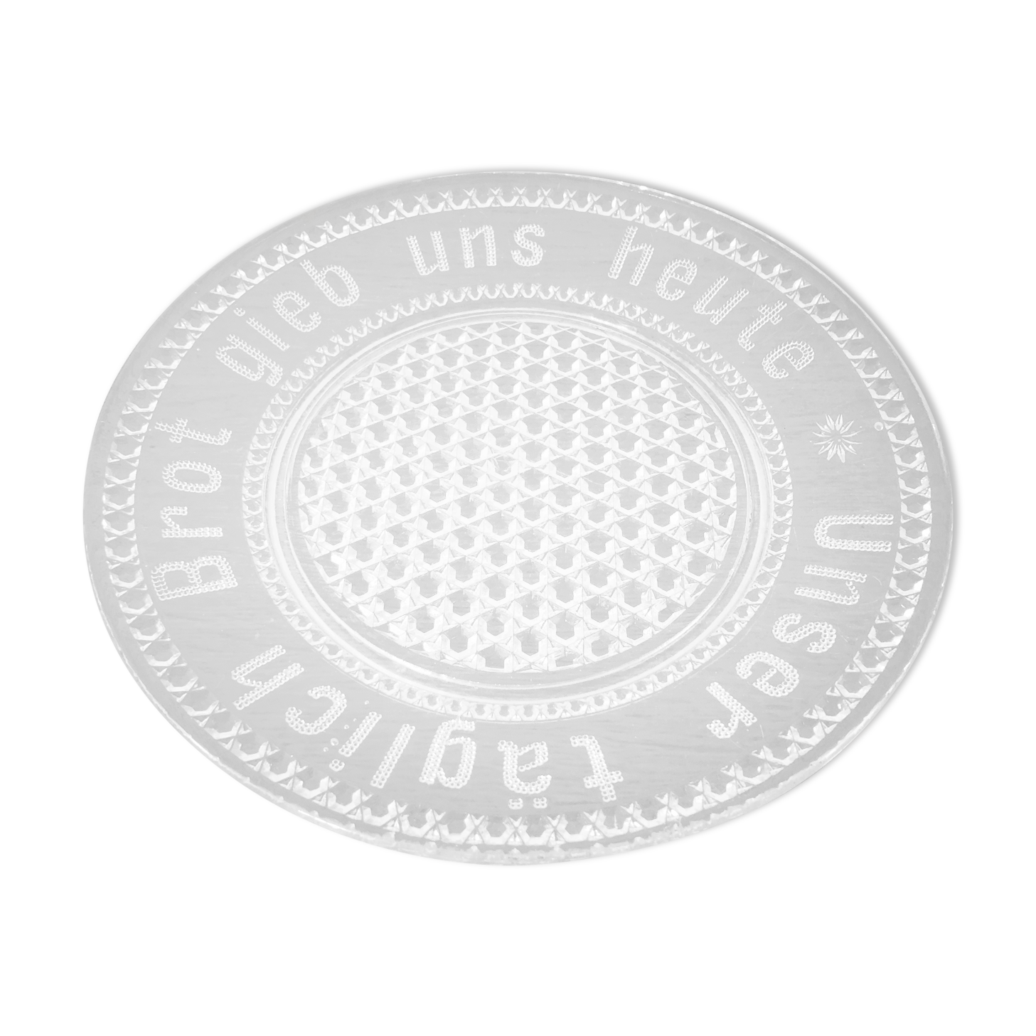 Cut glass cheese dish with inscription in German