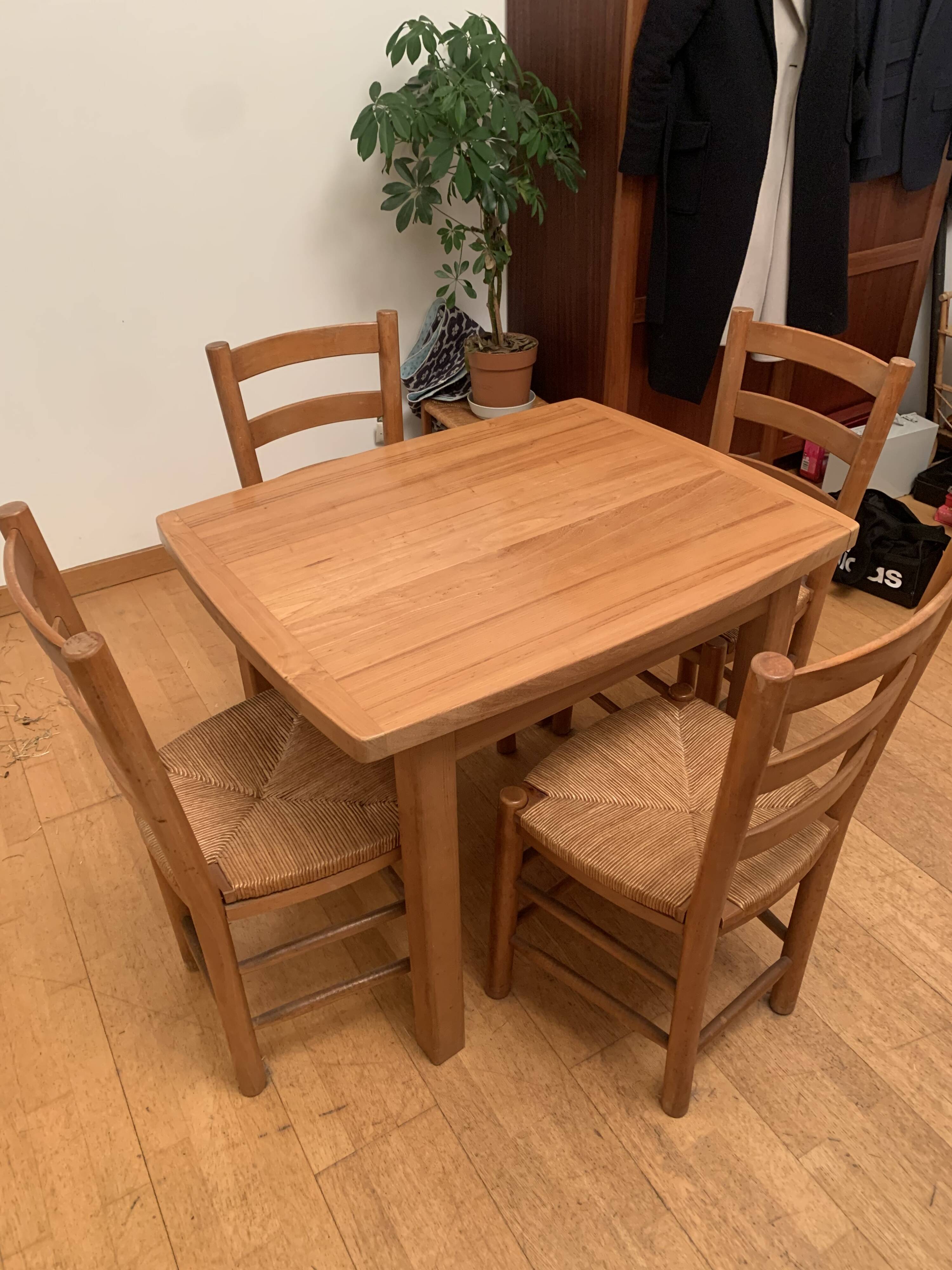 Wooden and wicker table and chairs