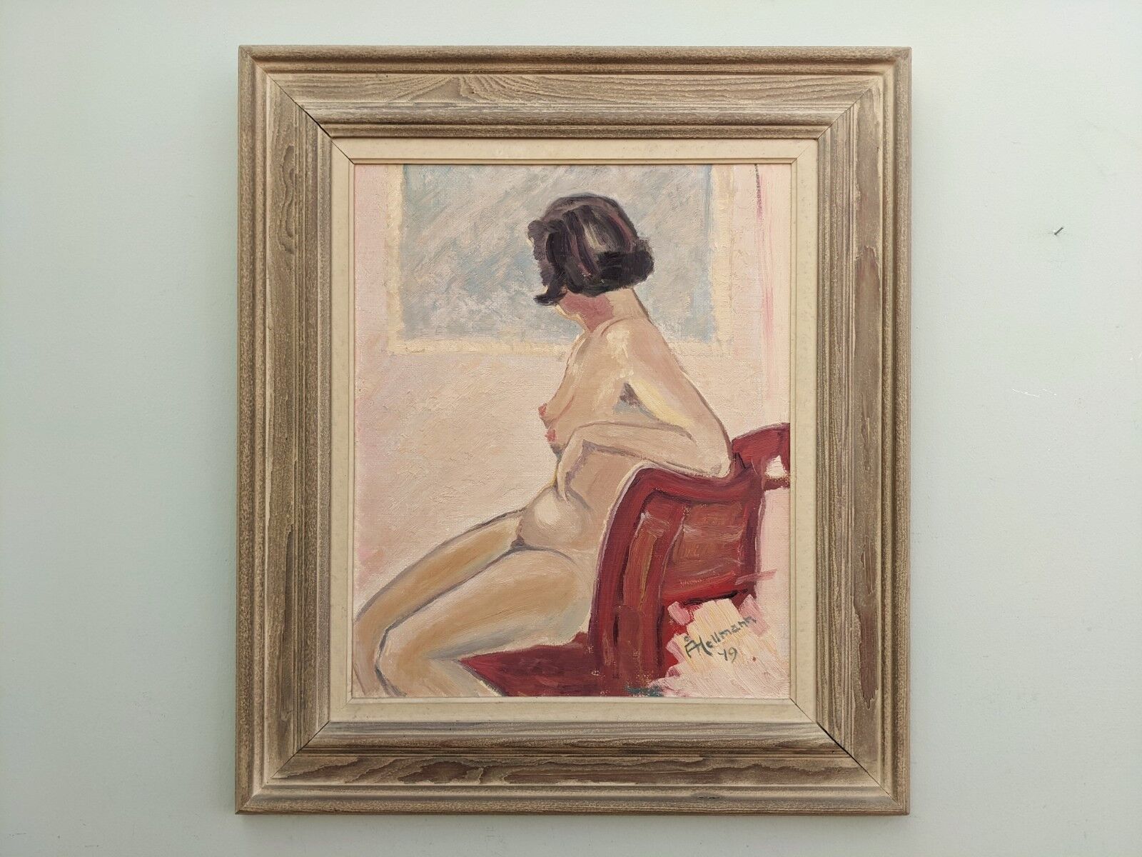 1949 Mid-Century Modern "Gaze Away" Swedish Nude Portrait Oil Painting, Framed
