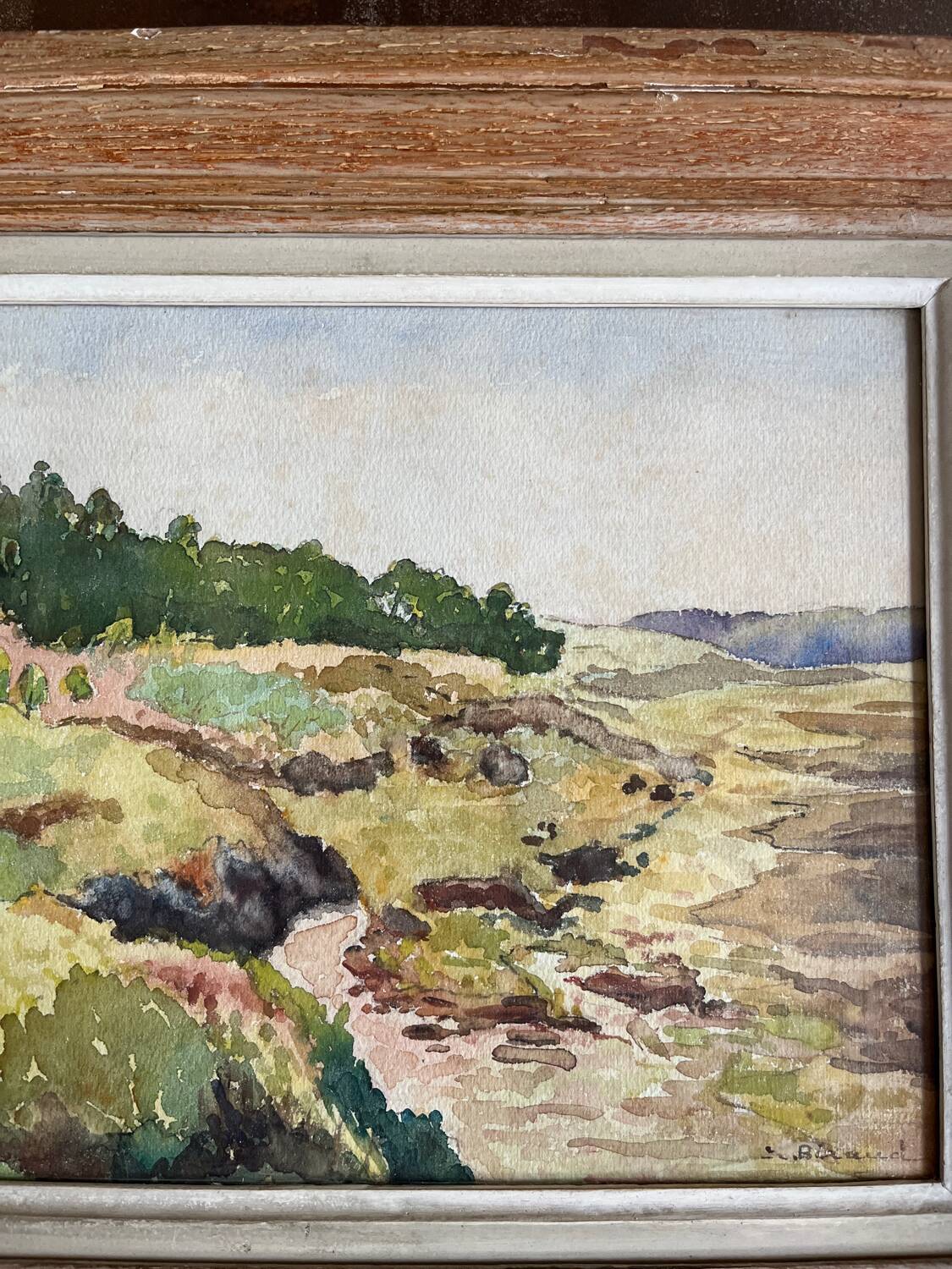 Ernest Biraud Old watercolor painting framed landscape