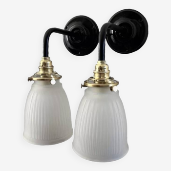 Pair of ribbed glass wall lights