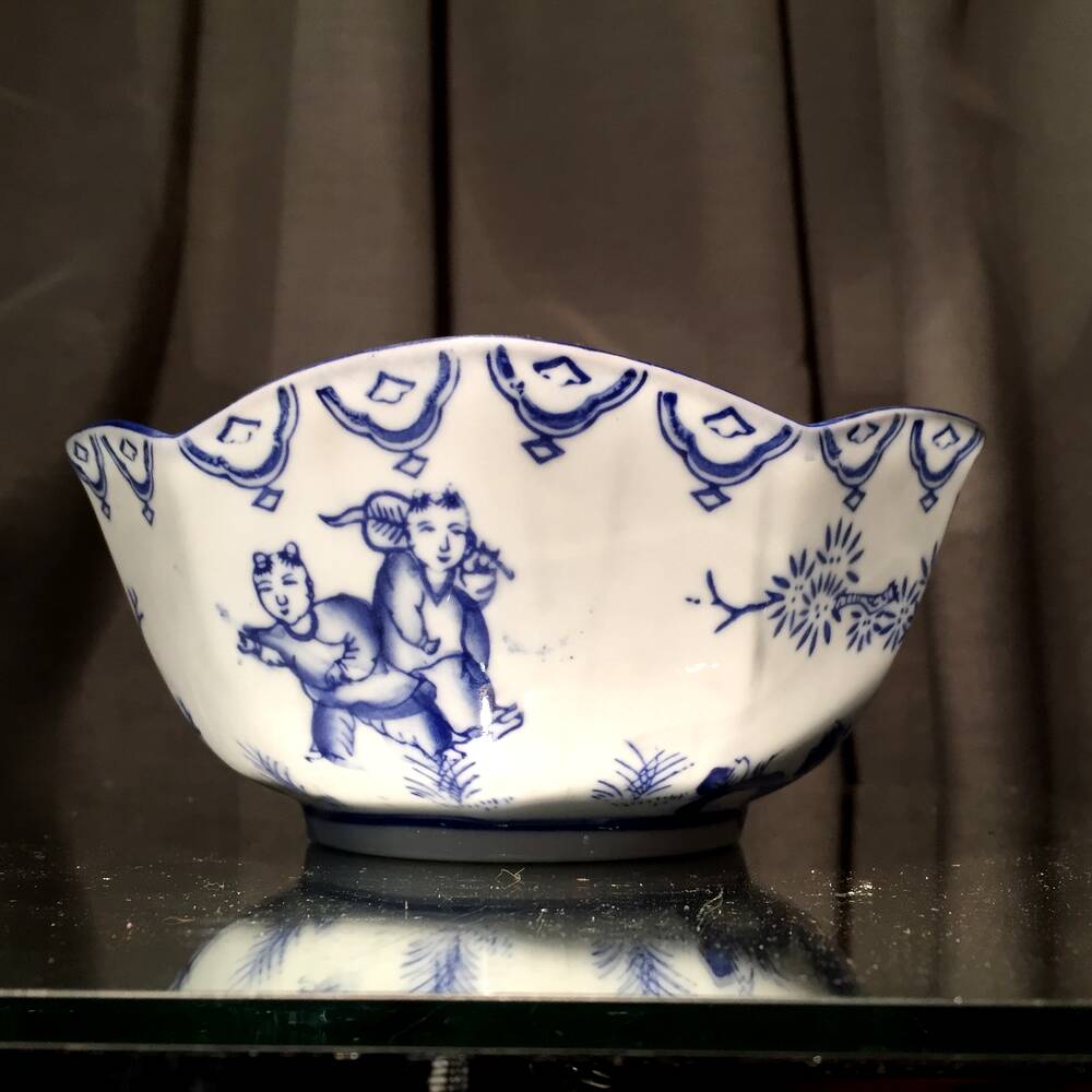 Earthenware bowl or cup asian decor with blue patterns