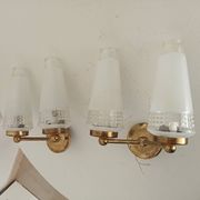 Pair of vintage double-light wall sconces in brass and etched glass from the 60s/70s.