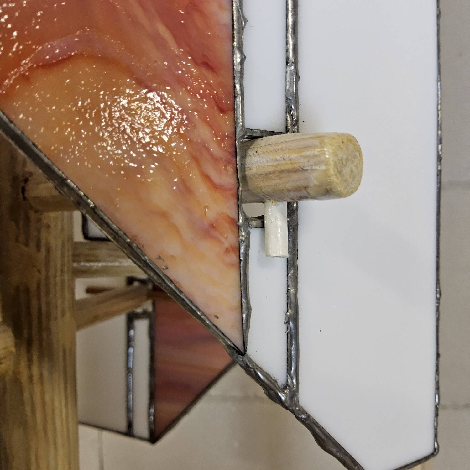 Pine wood floor lamp with handmade stained glass in Japandi style.