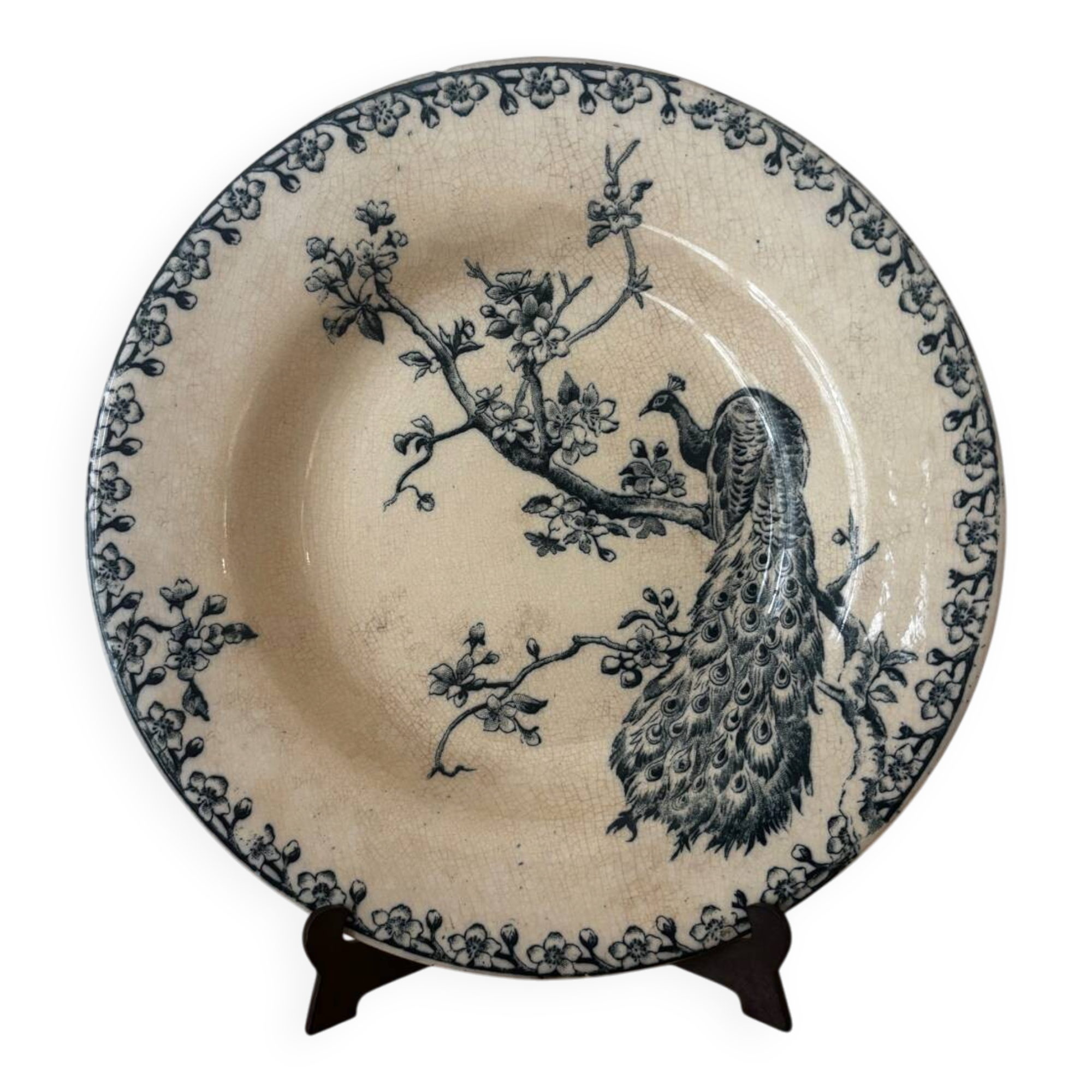 Old hollow plate Gien Terre de Fer Peafowl