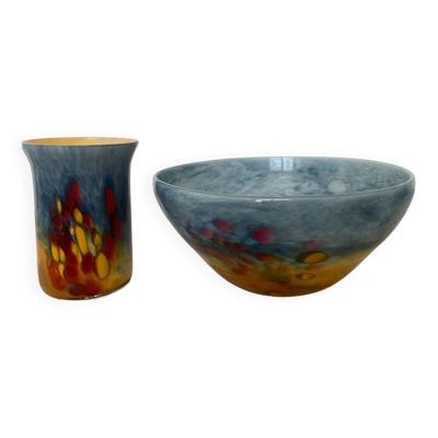 Duo de verrerie d'Art Soisy-sur-École, bol et vase assortis, signés