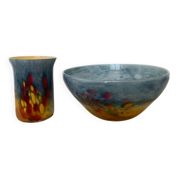 Duo de verrerie d'Art Soisy-sur-École, bol et vase assortis, signés