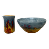 Duo de verrerie d'Art Soisy-sur-École, bol et vase assortis, signés