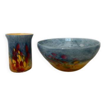 Art glass duo from Soisy-sur-École, matching bowl and vase, signed.