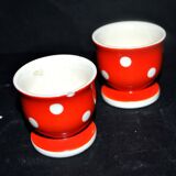 Set of 2 vintage egg cups in red earthenware with white polka dots 5cm