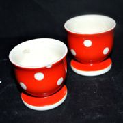 Set of 2 vintage egg cups in red earthenware with white polka dots 5cm