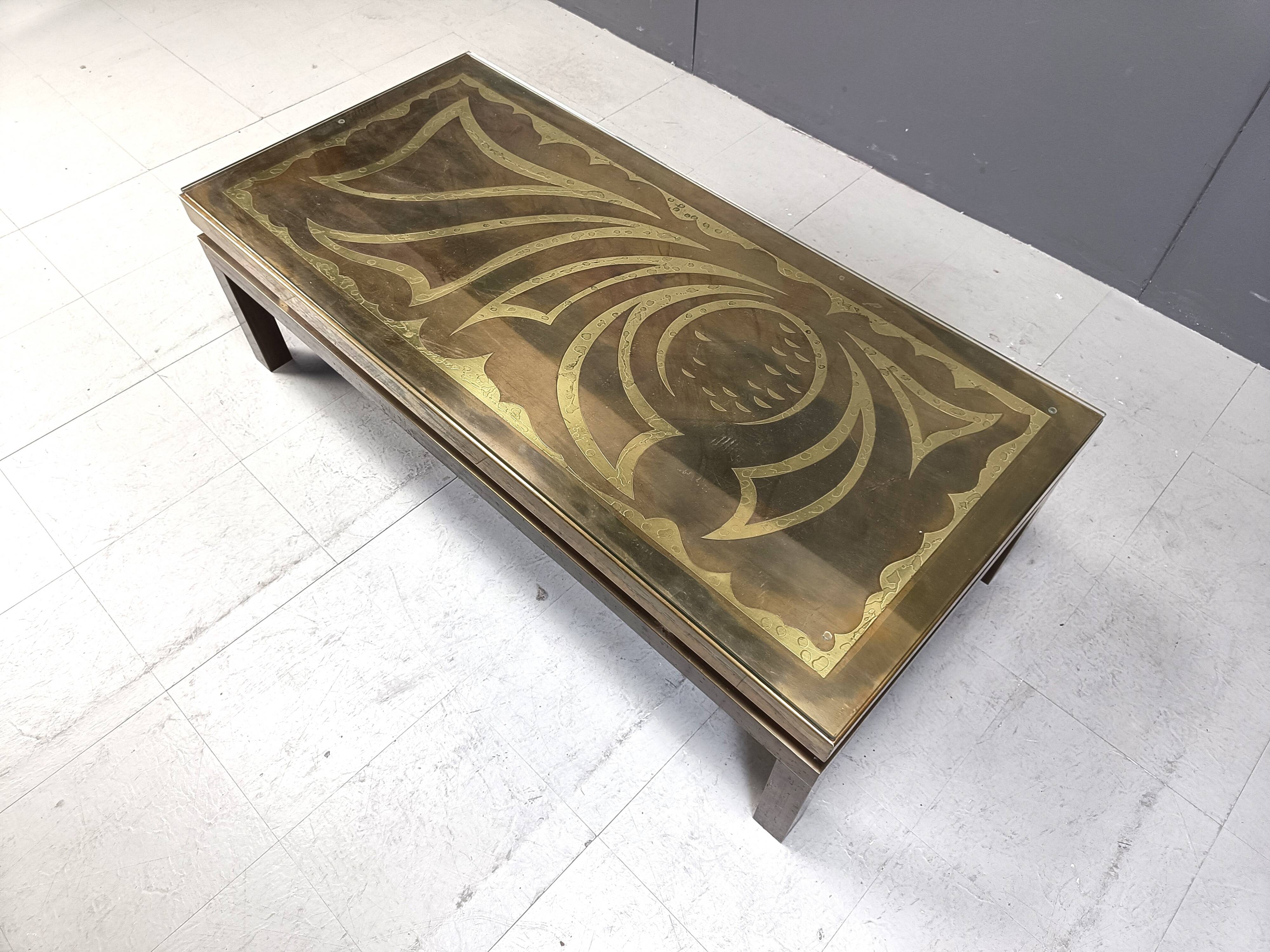 Vintage etched brass coffee table by Willy Daro, 1970s