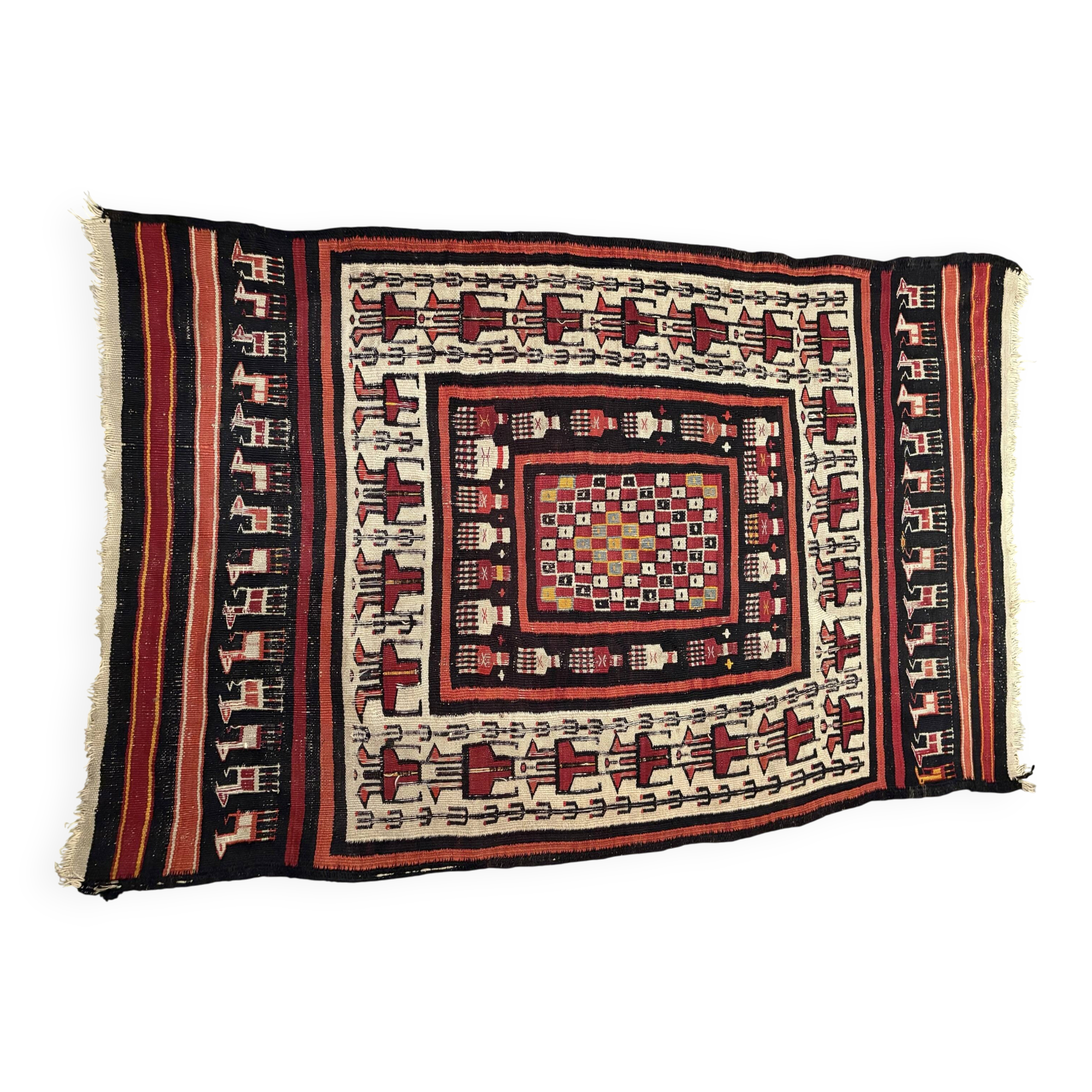 Rectangular folk rug from North Africa with a dominant red colour, 1970s.