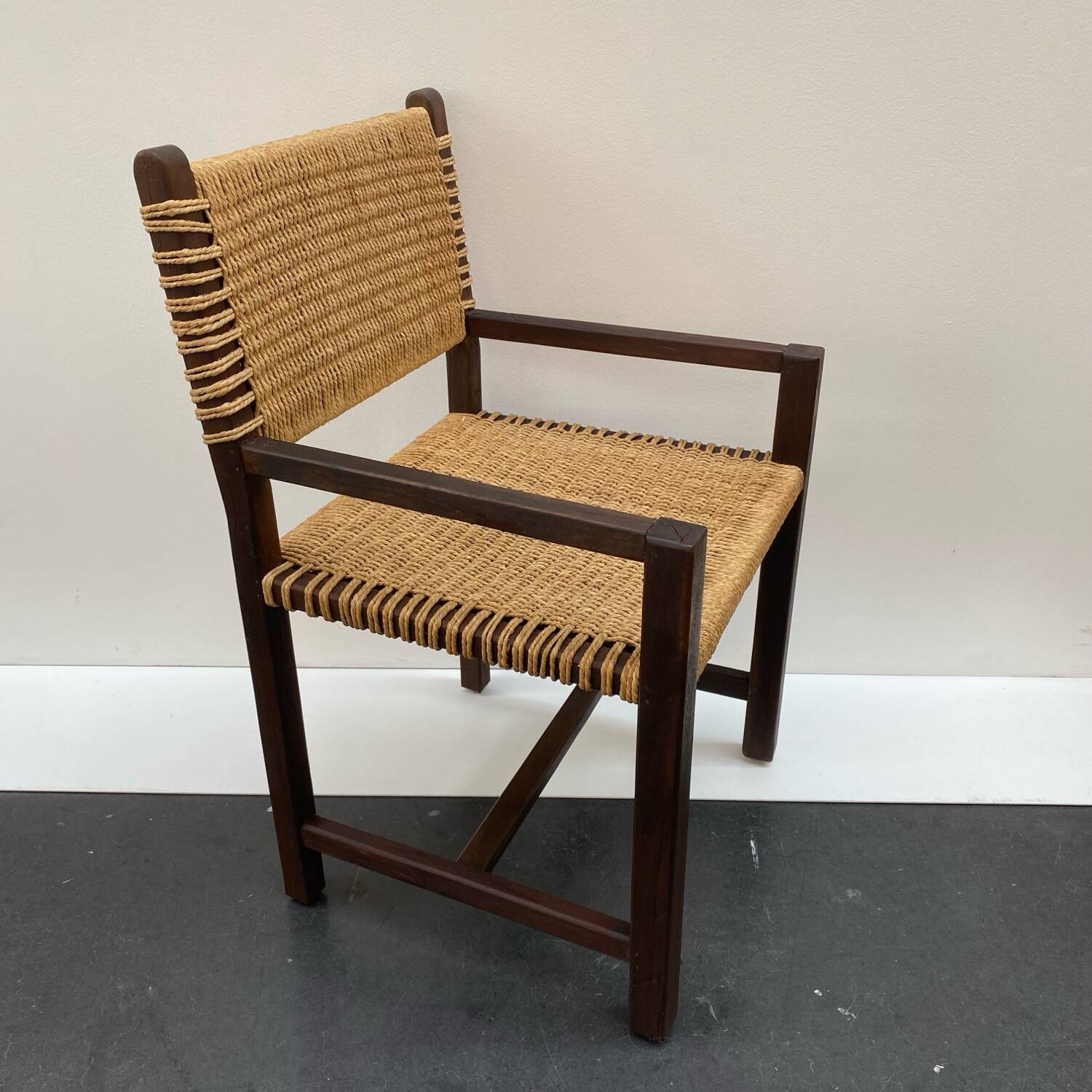 Brutalist armchair in wood and rope