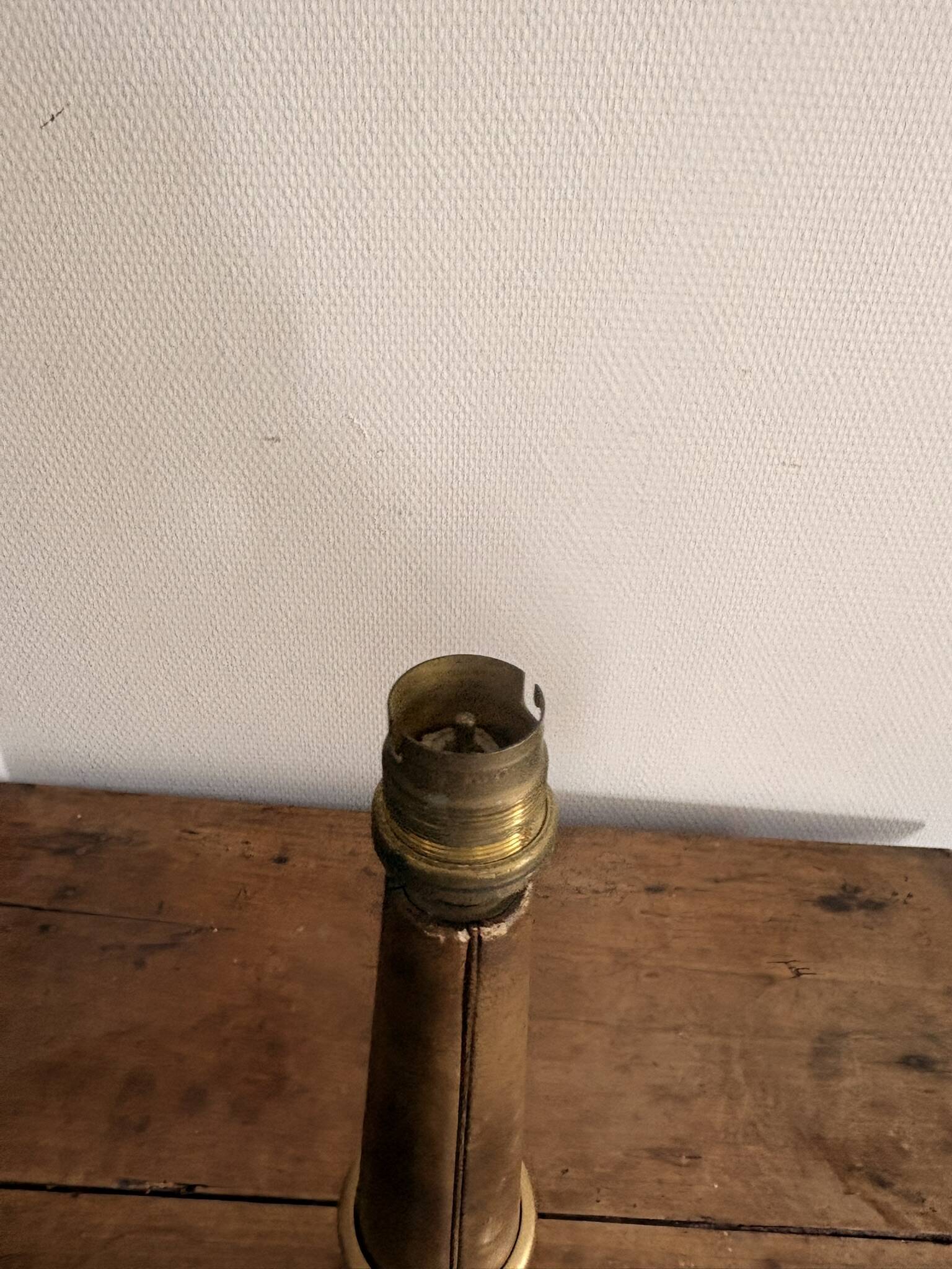 Ancien Pied Lampe Balustre Cuir Marron Gainé Dorure au Fer Année 50 70