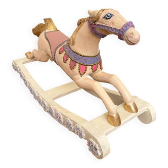Hand-painted antique rocking horse – pastel nursery decor, heirloom toy
