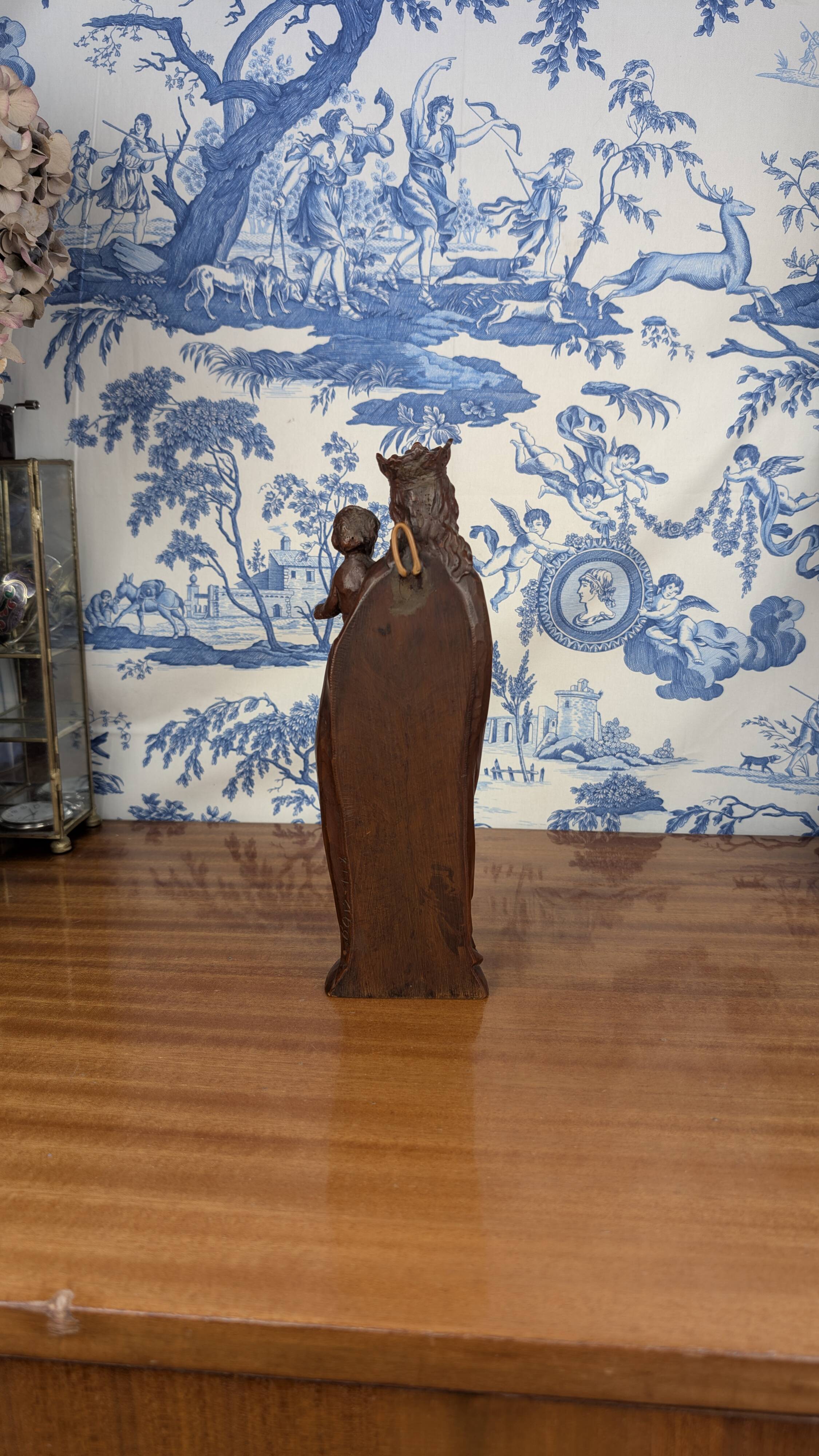 Virgin and Child in resin imitation patinated wood, Neo-Gothic style