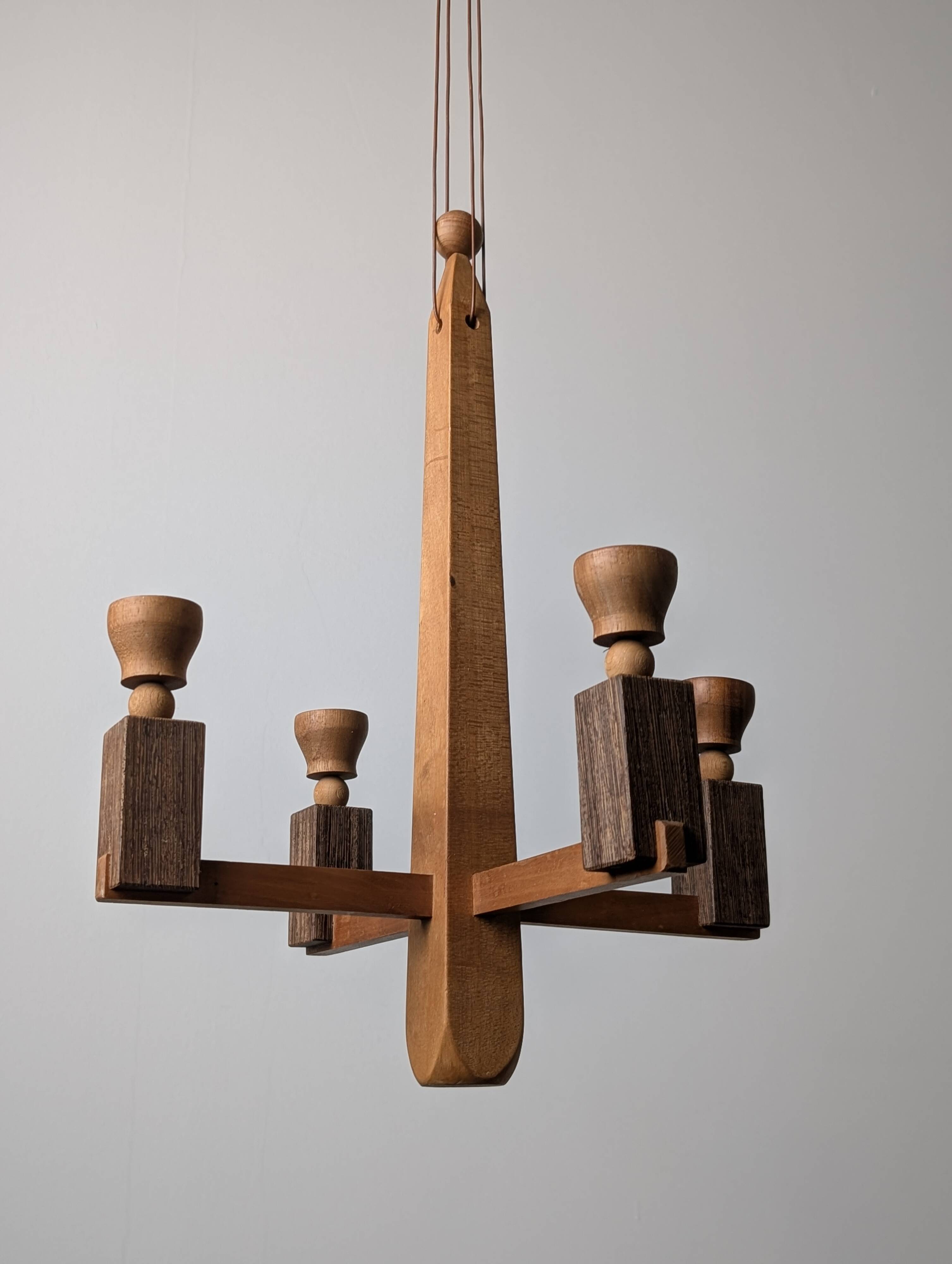 Danish hanging wooden candelabra, Art Deco style, 1970s