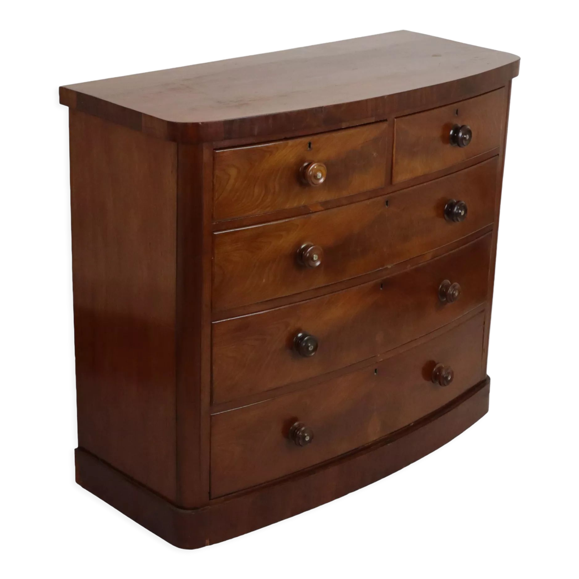 Antique english chest of drawers bow front mirrored mahogany veneer 120cm