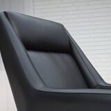 1970s, Danish highback armchair, black artificial leather, teak wood legs.