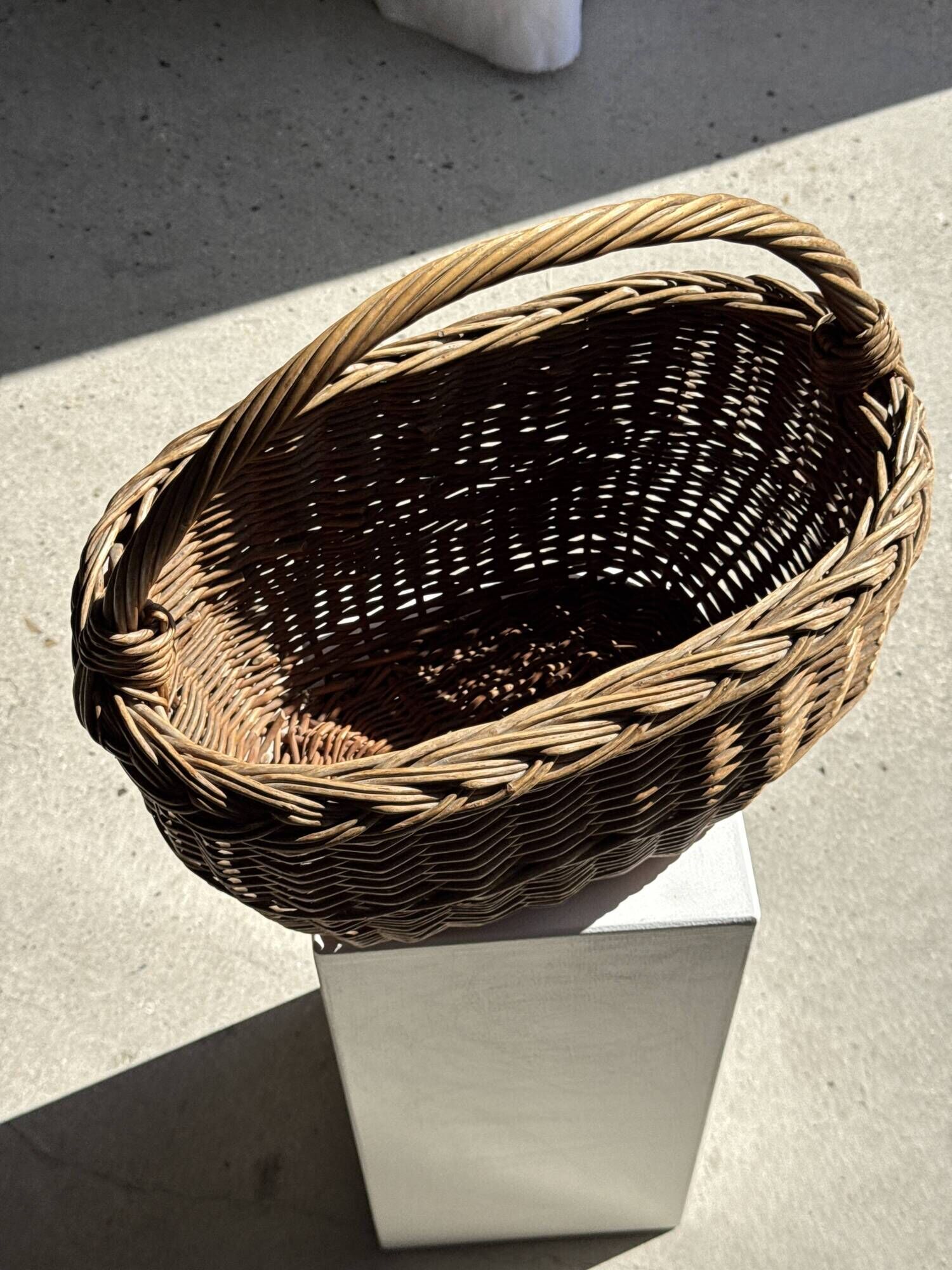 Large antique woven wicker basket with handle H45 L43 D25
