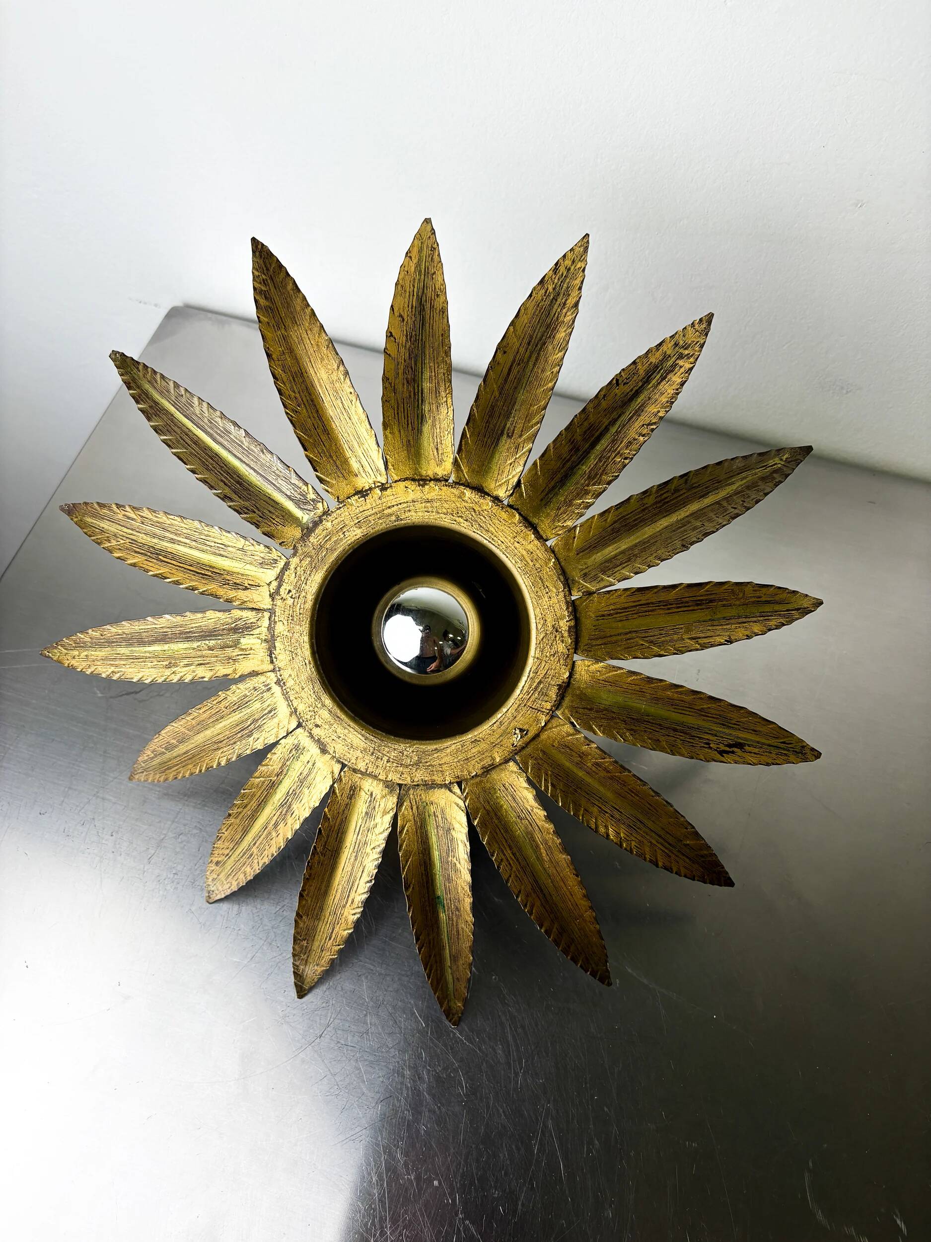 Spanish sunburst flush mount light fixture in gilt iron, Ferro Art, 1960s