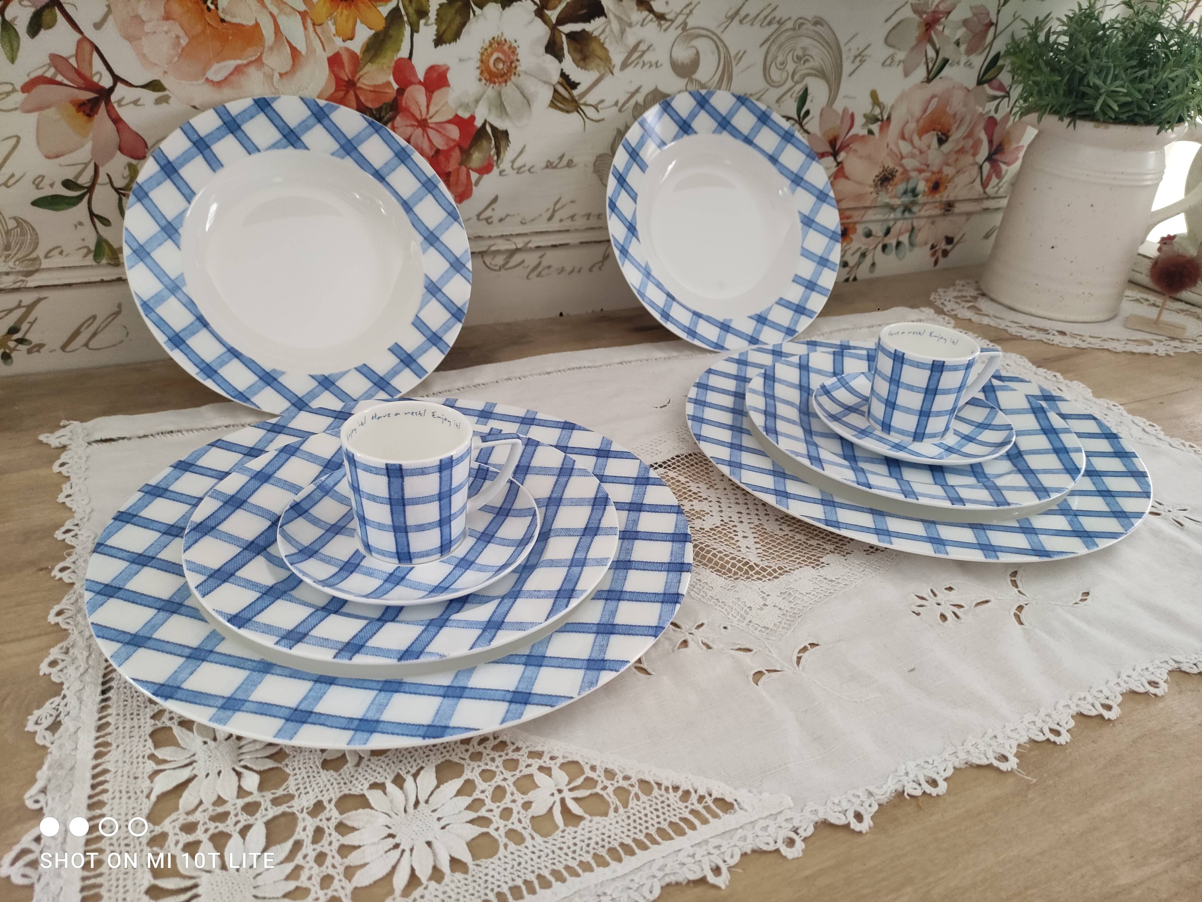 Lot de 6 assiettes à dessert en porcelaine Leoni by Sia Home Fashion décor torchon à carreaux bleus