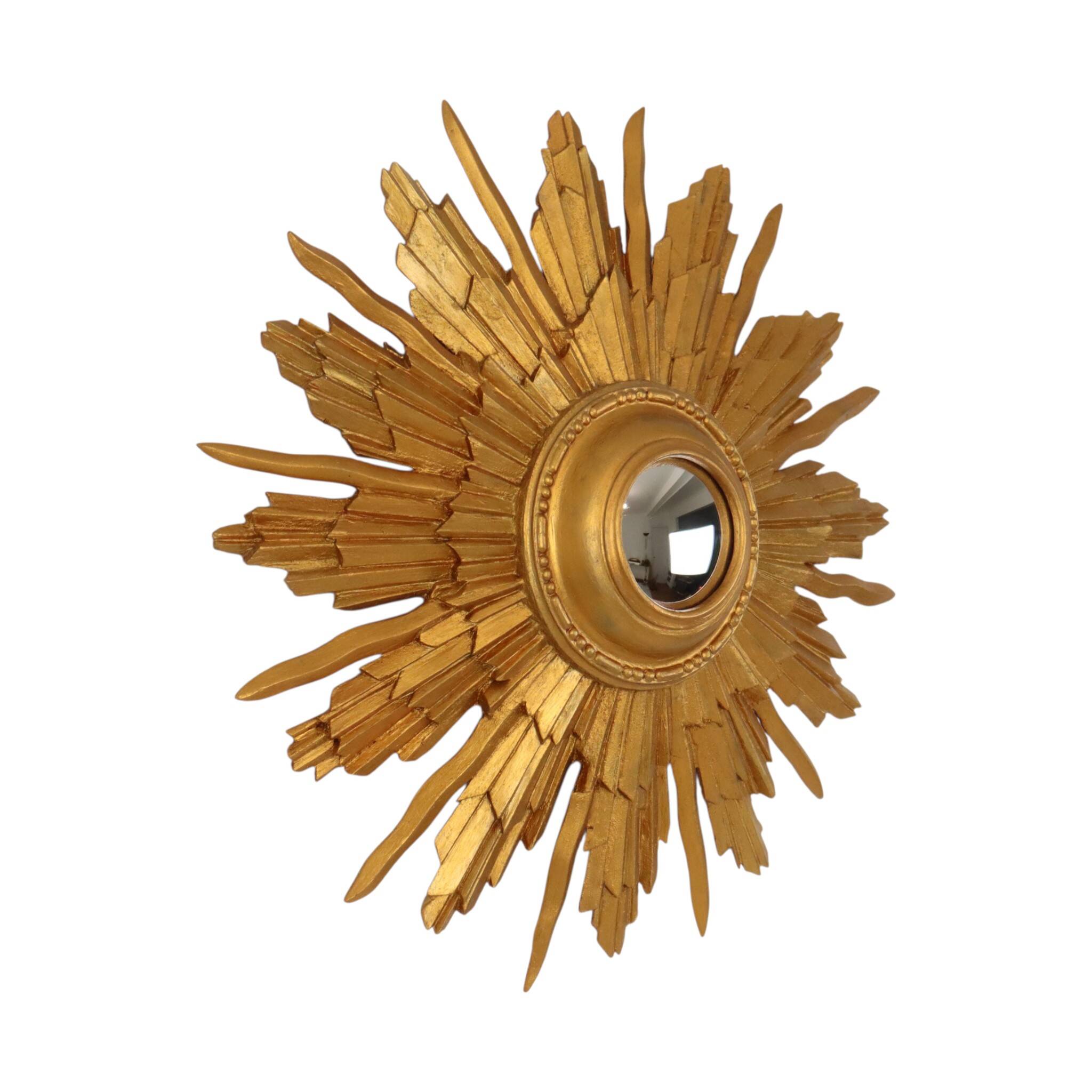 Vintage Wooden Sunburst Convex Mirror, Gold, 46cm
