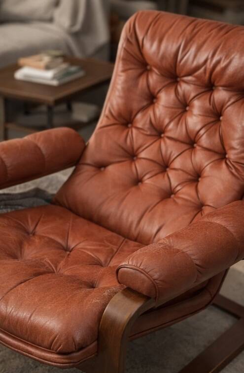 Sculptural Ear-Back Lounge Armchair — Moulded Wood — Deep Button