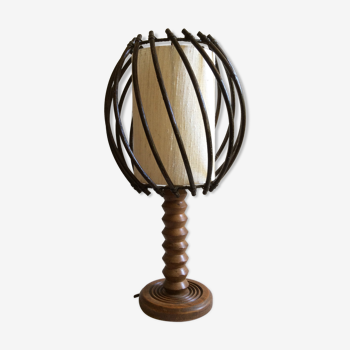 Turned wood lamp and vintage rattan 60s