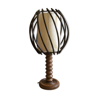 Turned wood lamp and vintage rattan 60s