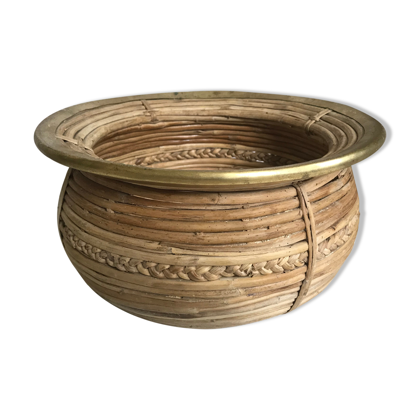 Rattan and vintage brass pot cover