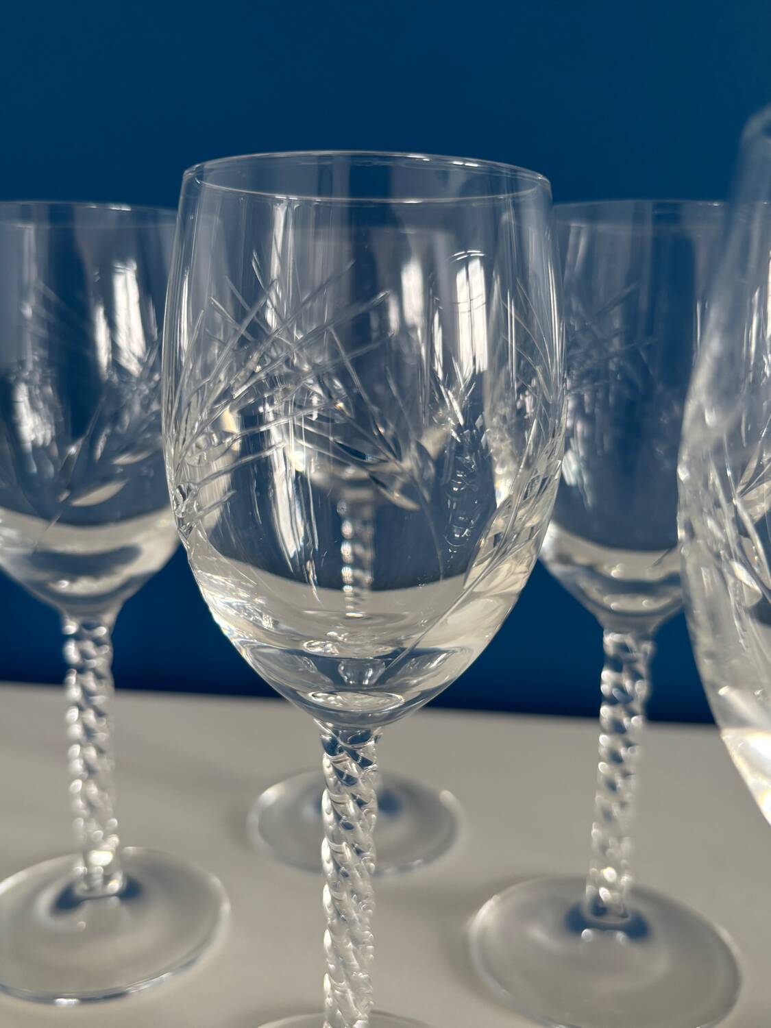 Set of 6 Engraved Crystal Wine Glasses, Spike Pattern | Vintage Elegance v