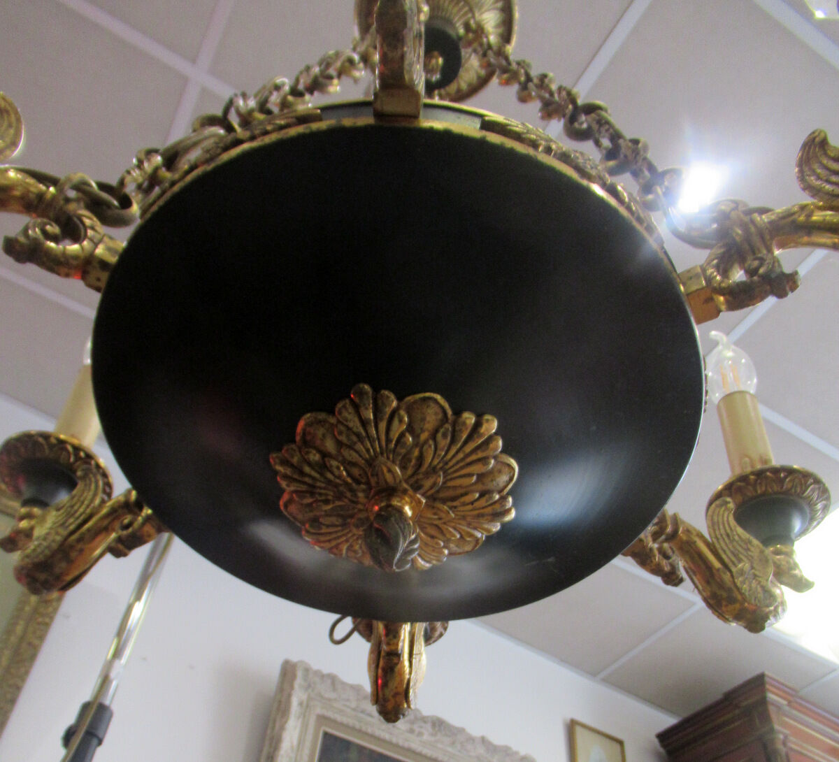 Empire style chandelier gilded bronze and green painted sheet metal