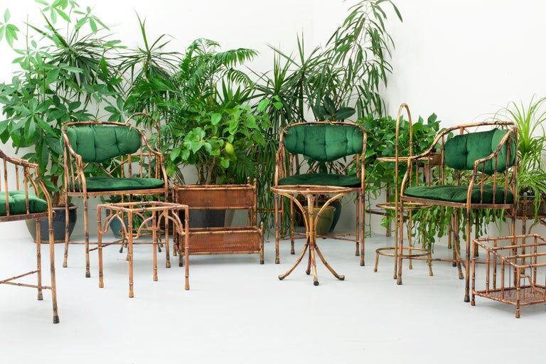 Set of 9 planters and small tables in faux bamboo with glass top, France, 1970s
