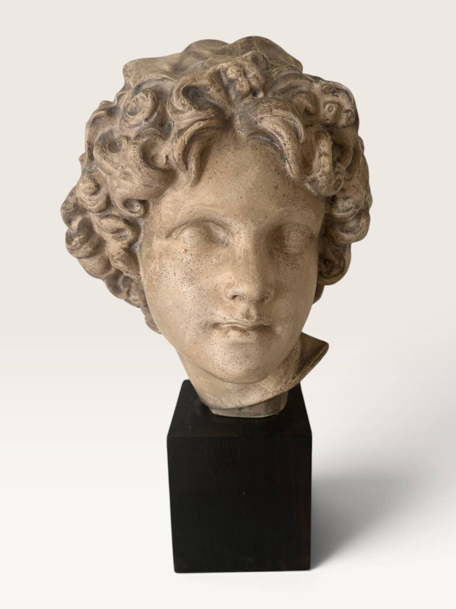 Plaster bust on a wooden base