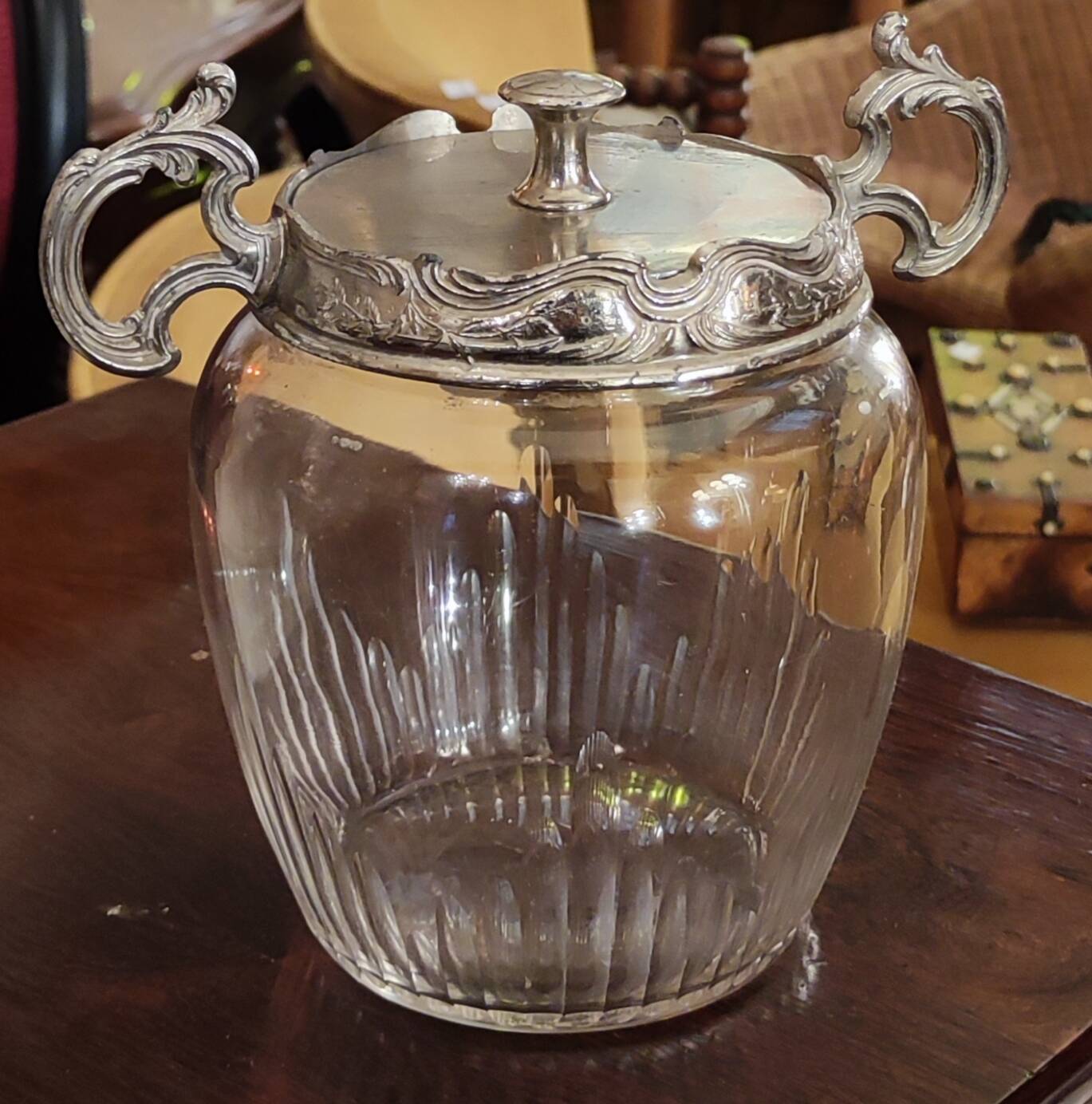 Antique silver metal and glass cookie jar/sugar bowl