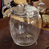 Ancien pot à biscuits/sucrier métal argenté et verre