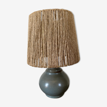 Vintage table lamp blue sandstone and rope lampshade