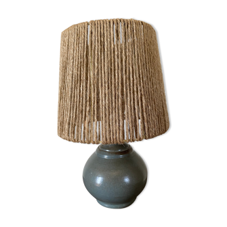 Vintage table lamp blue sandstone and rope lampshade
