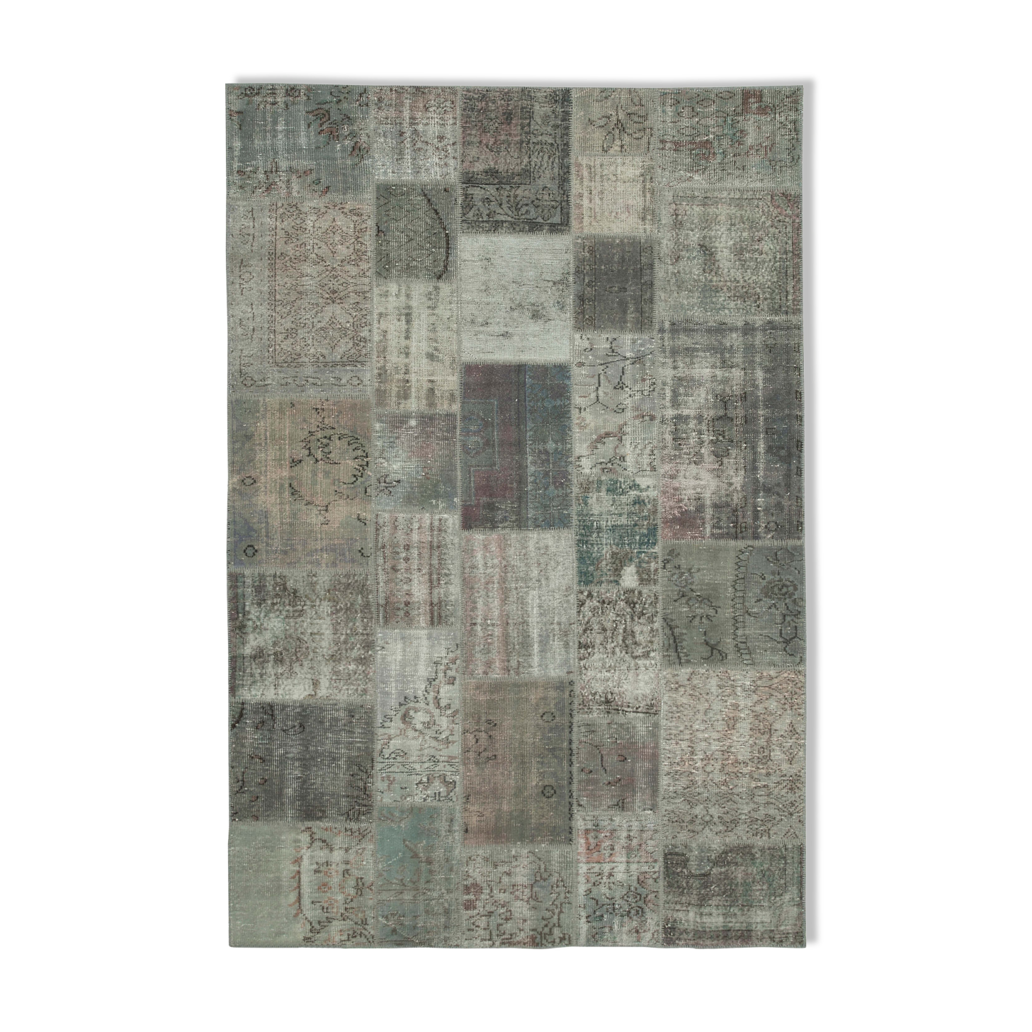 Hand-Knotted Turkish Vintage 202 cm x 300 cm Grey Patchwork Rug