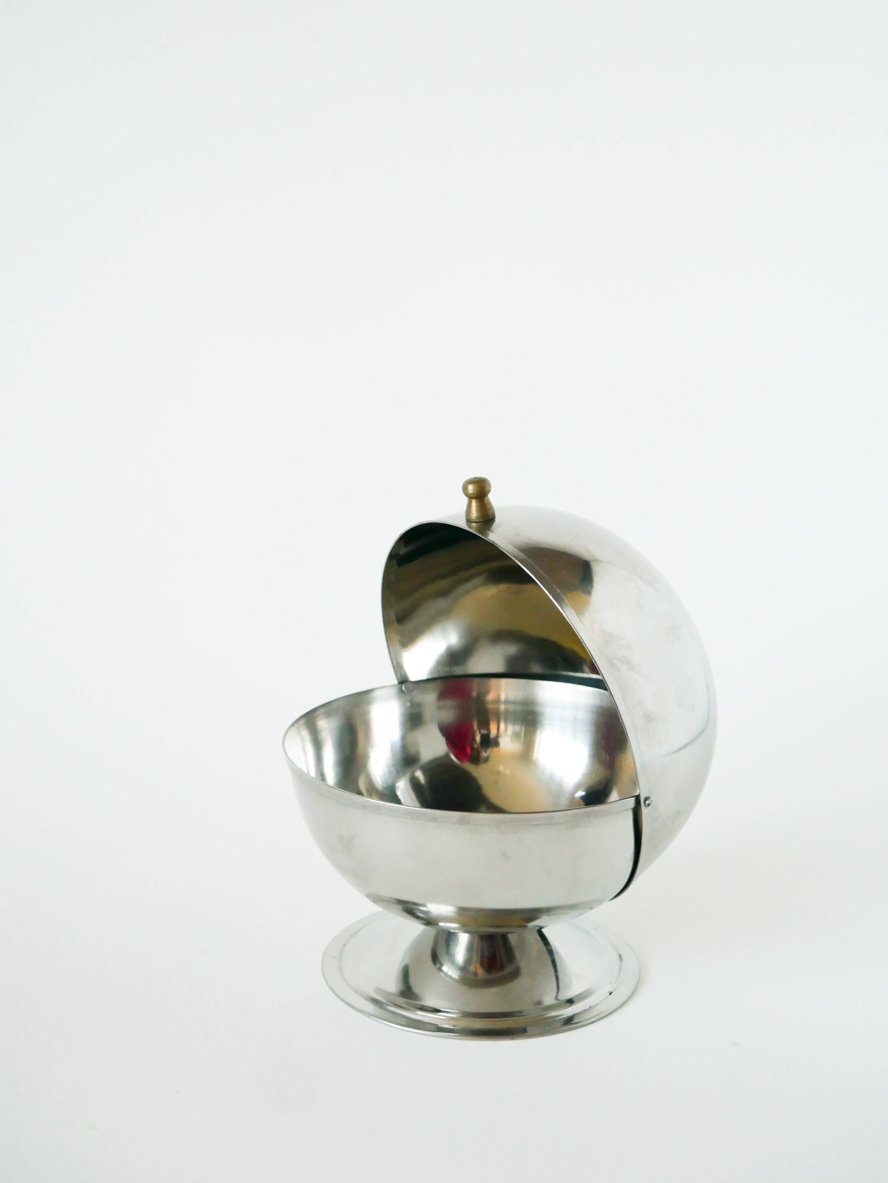stainless steel sugar bowl, gold knob, 1970