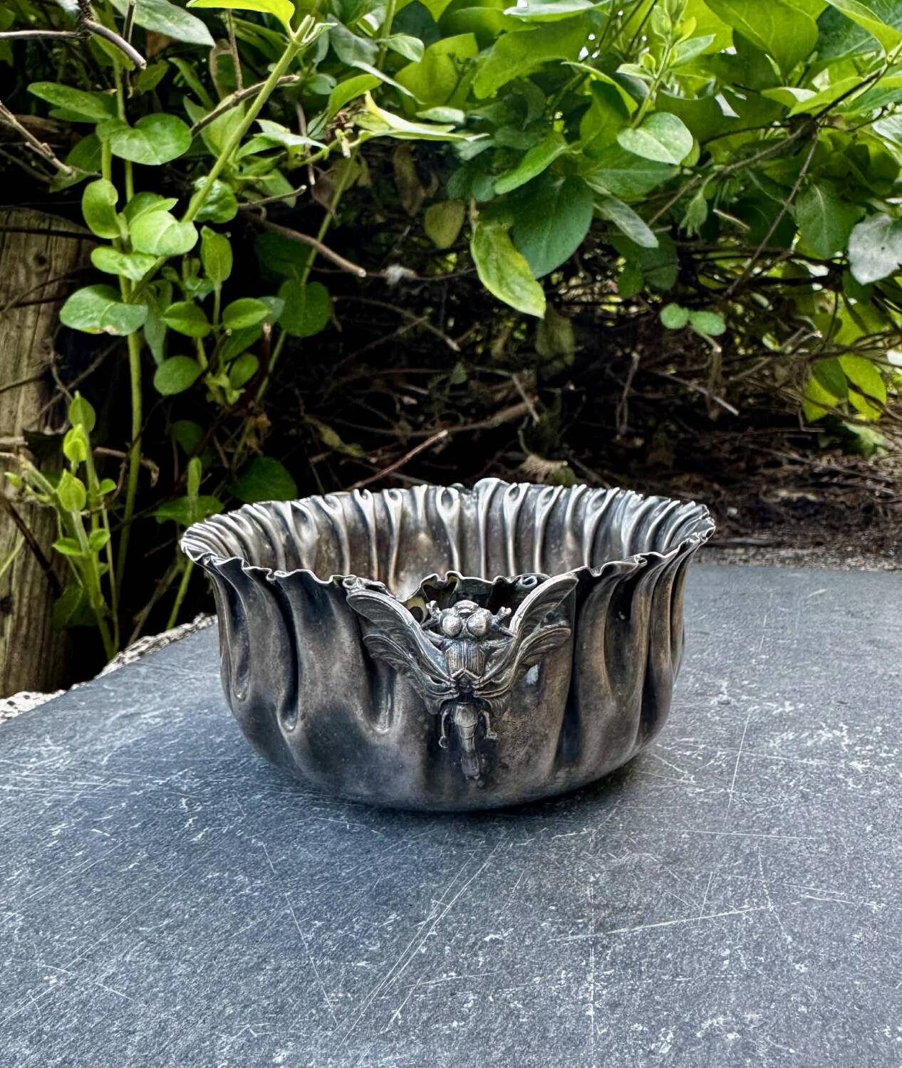 Silver fruit bowl with dragonflies Art Nouveau