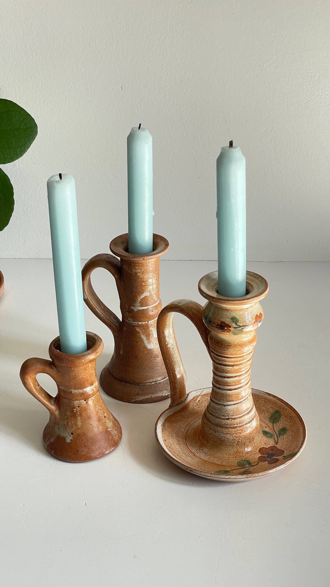 3 vintage handcrafted pottery candle holders