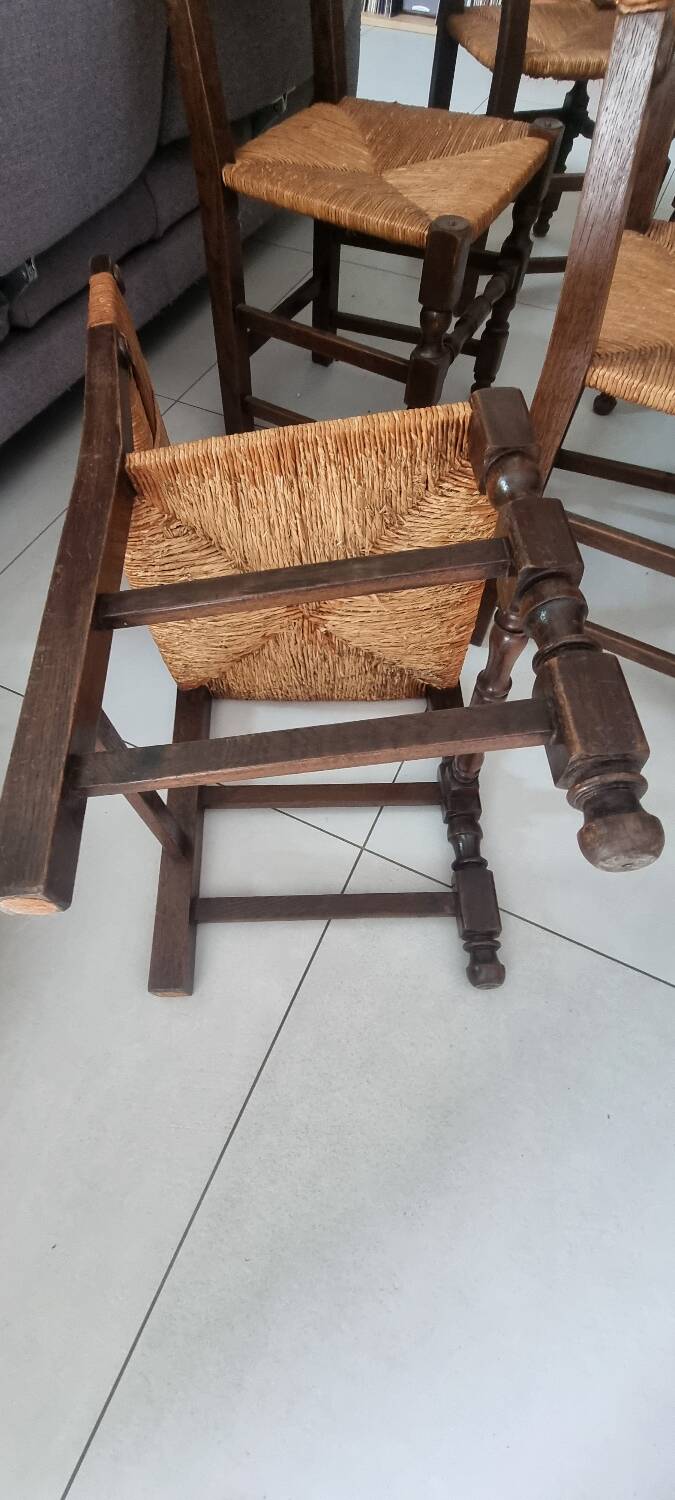 5 straw and wood chairs, brutalist 60s
