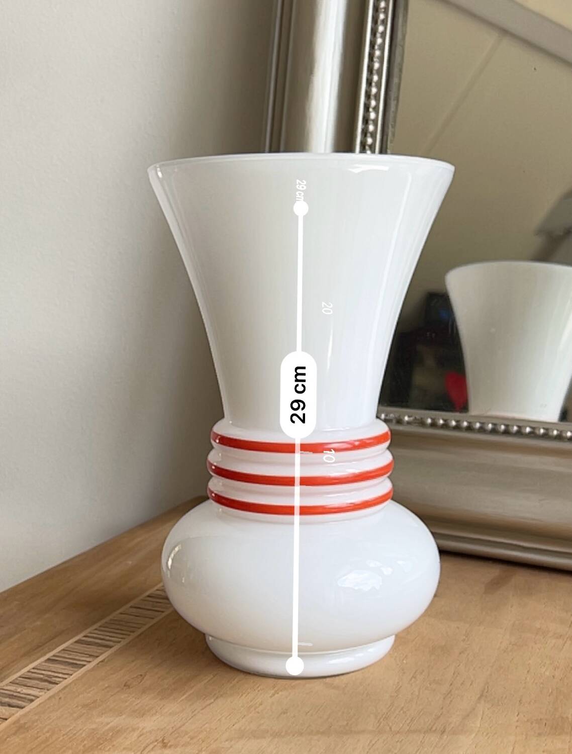 Vintage white opaline vase with red trim 29 cm White Opaline Va