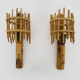 Pair of rattan bamboo lantern wall lights. 1950s-1960s