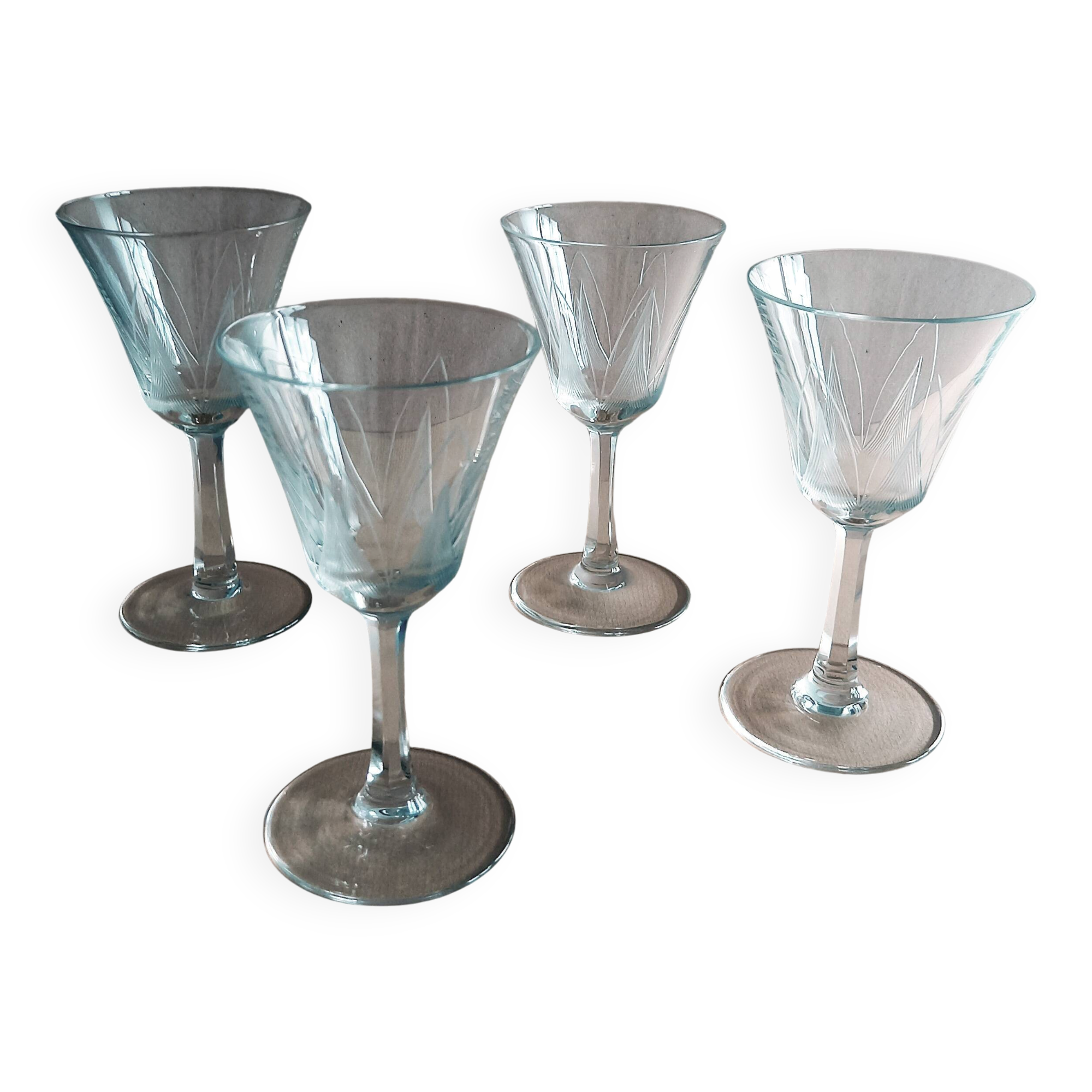 4 Antique Digestif Glasses on Foot Art Deco Pattern Cut Glass 1950s