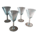 4 Antique Digestif Glasses on Foot Art Deco Pattern Cut Glass 1950s